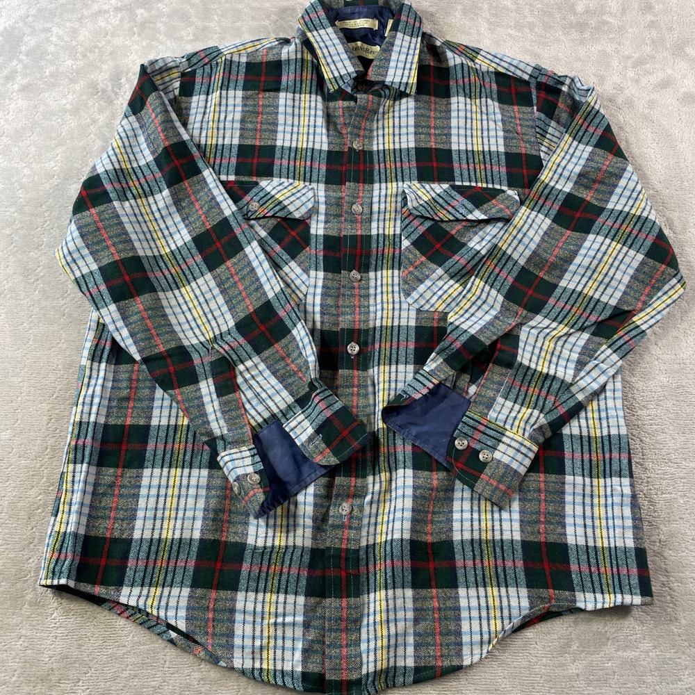 Vintage St Johns Bay Flannel Shirt Men Large Green Plaid Flap Pockets Korea 90s
